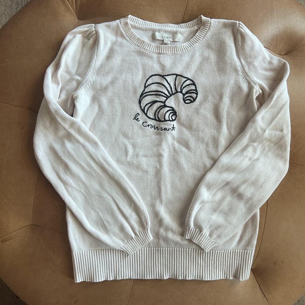 LOFT Le Croissant Sweater Ivory Embroidered French Girl Parisian Puff Sleeve S